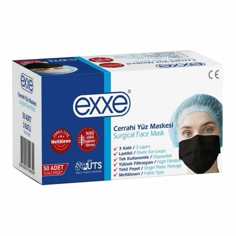 Exxe Cerrahi Maske Lastikli 3 Katlı Tekli Poşet 50 lik