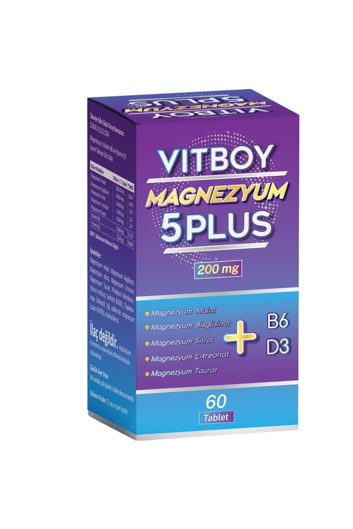 Vitboy Magnezyum 5 Plus 60 Tablet 200 mg Malat-Bisglisinat-Sitrat-L-Treonat-Taurat-B6-D3