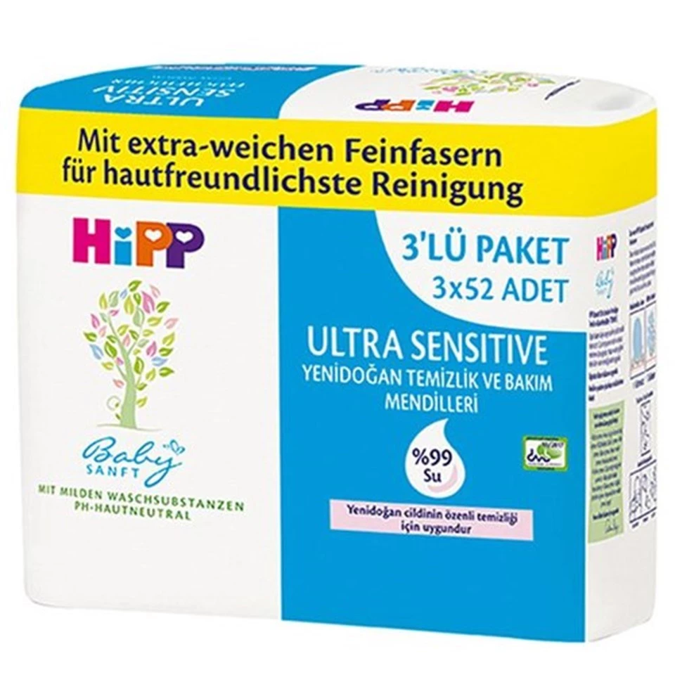 Hipp Babysanft Ultra Sensitiv Yenidoğan Temizlik ve Bakım Mendilleri 3x52 Adet